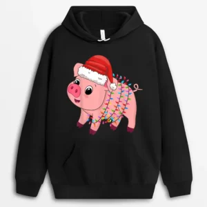 Christmas Lights Pig Wearing Xmas Hat - Pig Lover Farmer Hoodie - Black