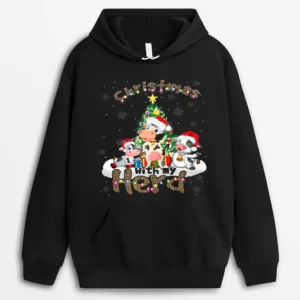 Christmas With My Herd Cow Cattle Farmer Funny Leopard Tree Hoodie - Black