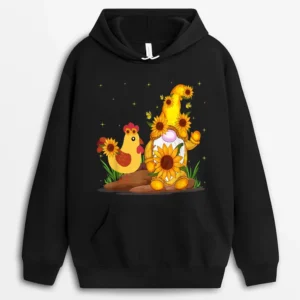 Cute Gnome And Chicken Sunflower Funny Gnome Chicken Farmer Hoodie - Black