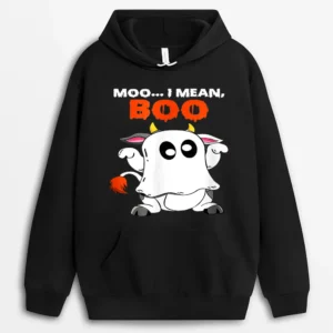 Cute Halloween Farmer Ghost Cow Moo I Mean Boo Pumpkin Moon Hoodie - Black