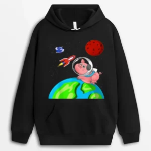 Farm Animal Lover Farmer Outer Space Rocket Astronaut Pig Hoodie - Black