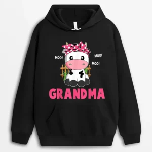 Funny Grandma Cow Cute Cow Farmer Birthday Matching Family Hoodie - Black