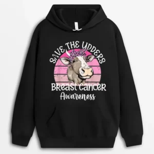 Funny Save The Udder Leopard Cow Farmer Breast Cancer Women Hoodie - Black