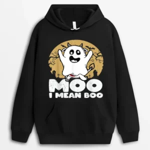 Ghost Cow Moo I Mean Boo Pumpkin Halloween Cow Lover Hoodie - Black
