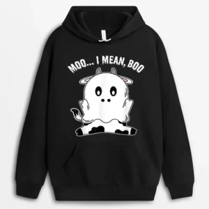 Ghost Cow Moo I Mean Boo Pumpkin Halloween Farmer Cow Lover Hoodie - Black