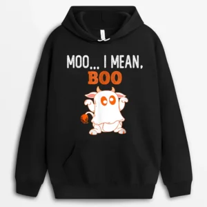 Ghost Cow Moo I Mean Boo Pumpkin Moon Funny Halloween Farmer Hoodie - Black