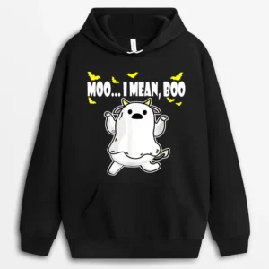 Halloween Ghost Cow Moo I Mean Boo Pumpkin Season Farmer Hoodie - Black