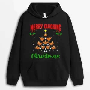 Hen Chick Farmer Merry Clucking Christmas Chicken Tree Hoodie - Black