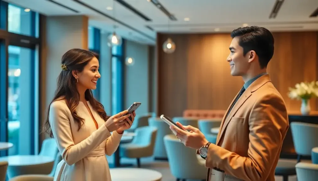 Couple interacting with modern customer service technologies.