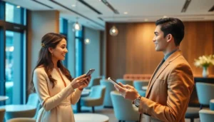 Couple interacting with modern customer service technologies.