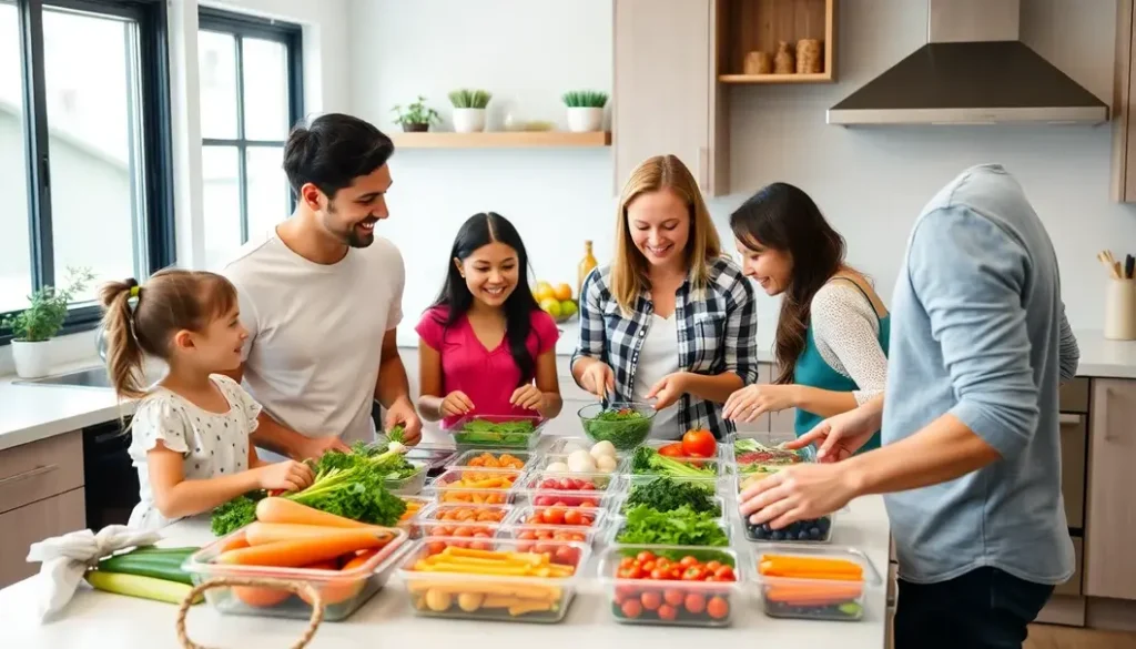A family engaged in meal prepping at a kitchen island, surrounded by ingredients and meal containers.