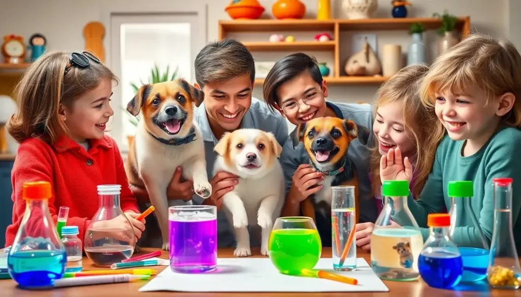 Family with pets doing a home science experiment with colorful tools.