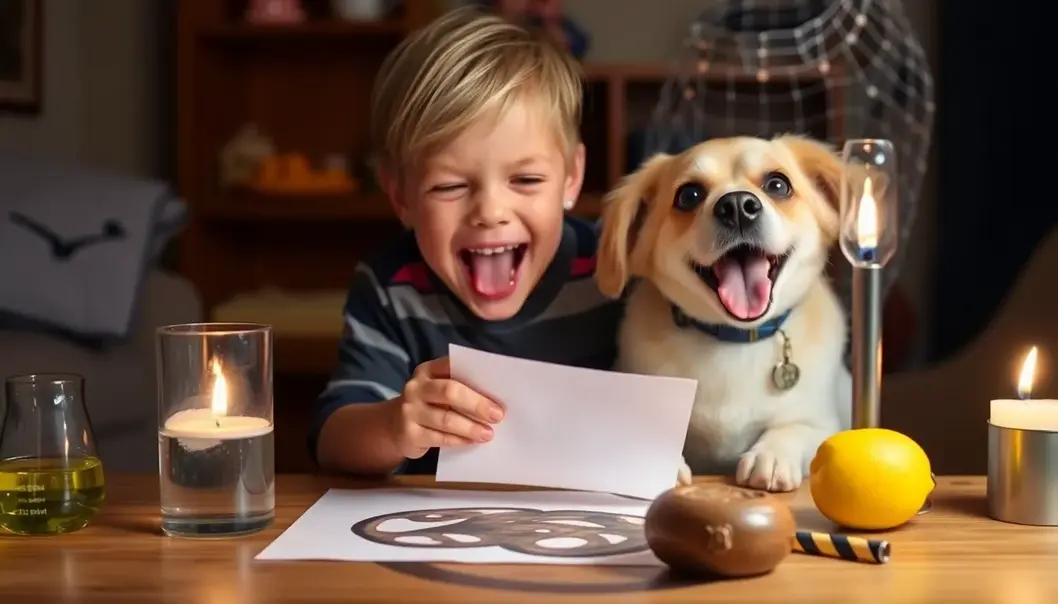 Child and dog enjoying a homemade invisible ink experiment together.