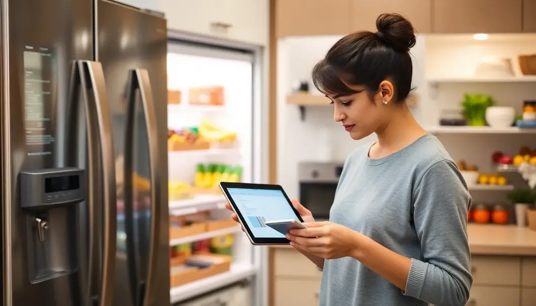 A young adult efficiently planning meals with a digital grocery list.