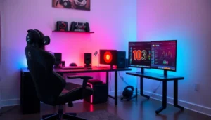 A stylish gaming workspace with high-quality gear, including a designer chair and sleek headset.